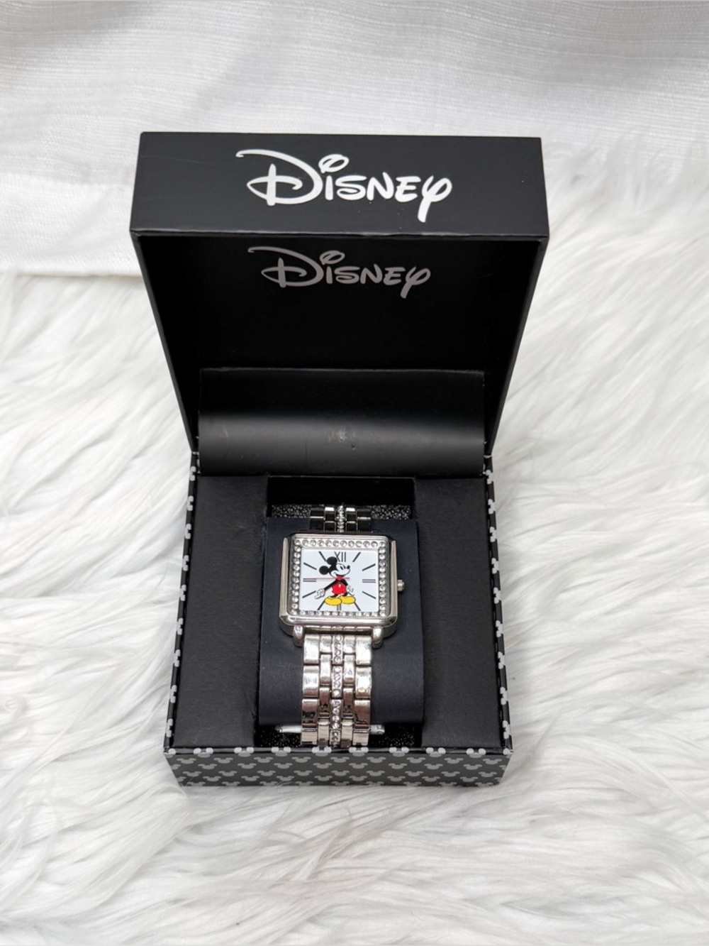 NEW Disney Mickey Mouse Rhinestone Watch Silver Square Face w/ Box